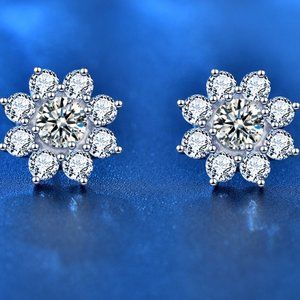 Certified 1ct. t.w. Diamond Moissanite Sun Flower Stud Earrings NEW J